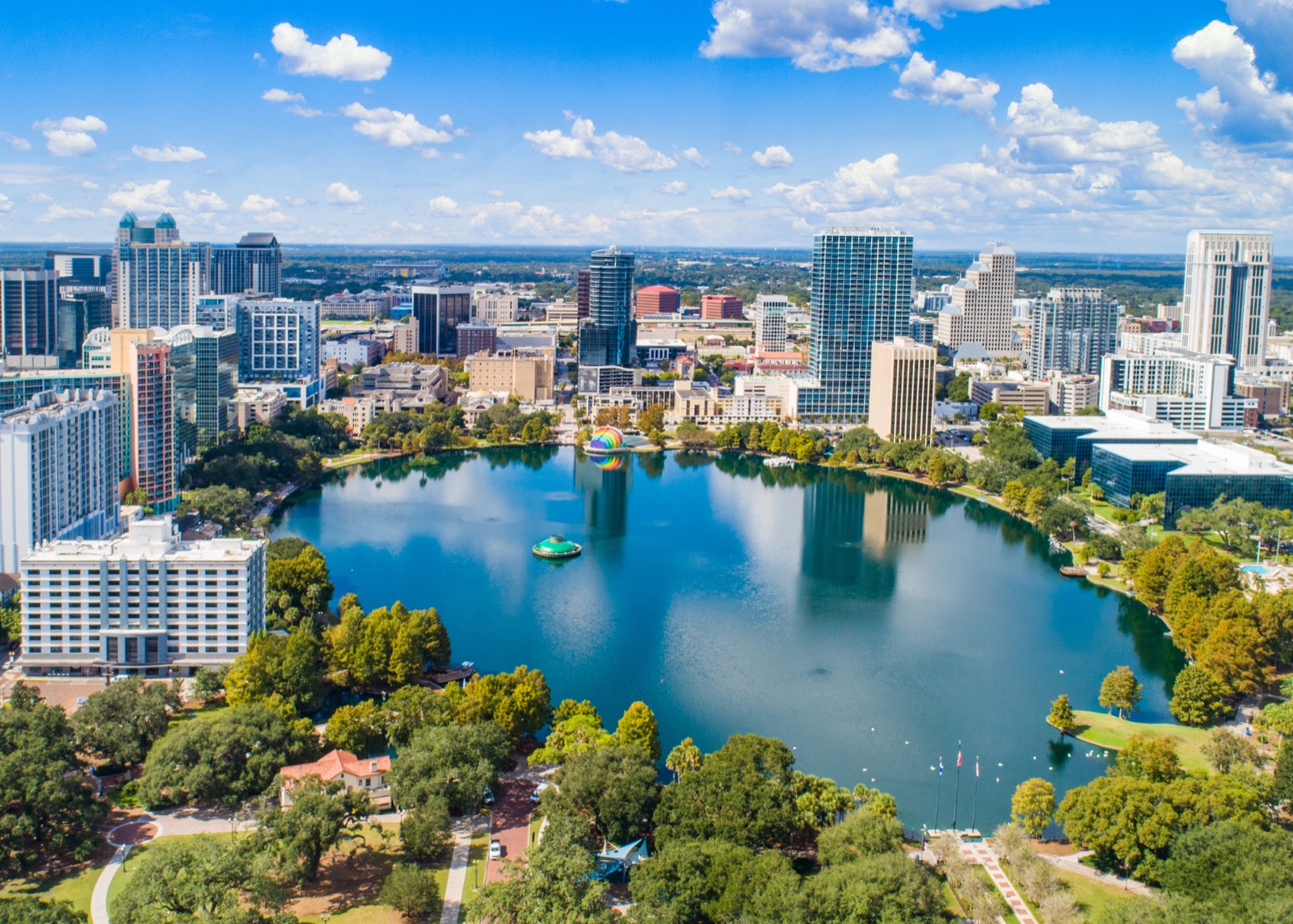 Aerial view of Lake Eola and the downtown Orlando skyline